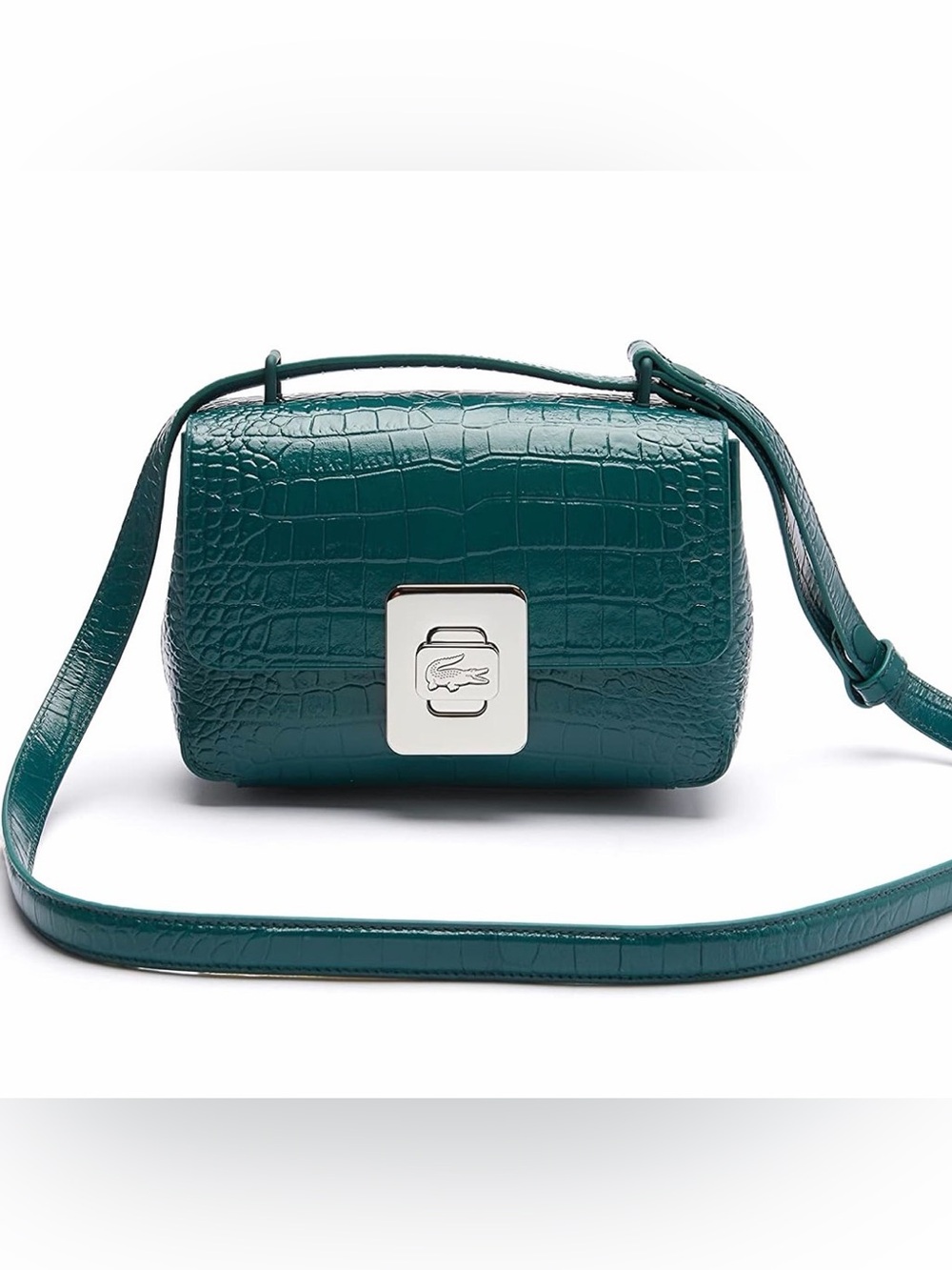 Lacoste Teal Croc-Embossed Crossbody with Silver Logo Lock